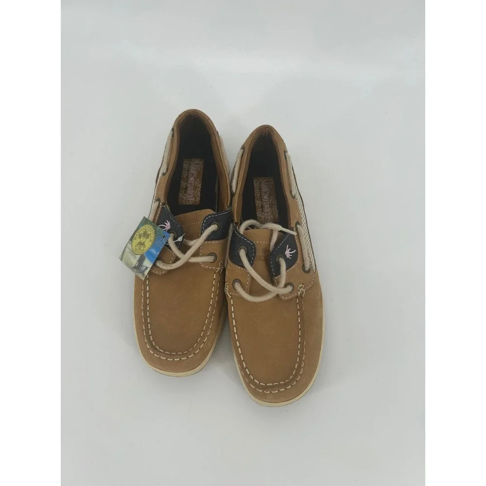 Margaritaville Martinique Leather Boat Shoes Tan Brown MG9019H Mens 8 Wms 9.5